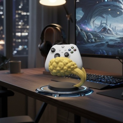 Comando de videojogo branco com base iluminada azul e suporte amarelo em forma de cauda de dragão