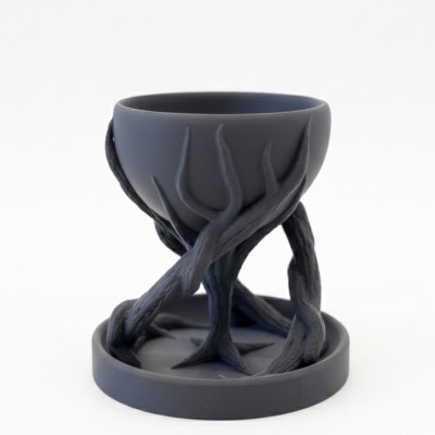 Copo preto com suporte em forma de ramos entrelaçados.