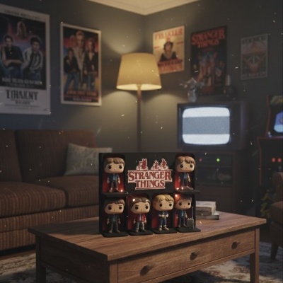 Conjunto de bonecos Funko Pop Stranger Things na sala em mesa de madeira