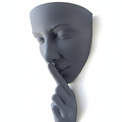 Máscara decorativa em cinza escuro de rosto com dedo sobre os lábios em parede branca