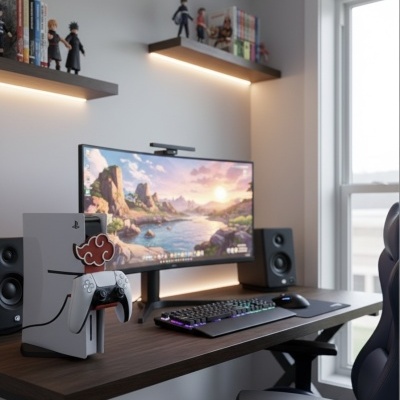 Setup de gaming com PlayStation 5, teclado RGB, monitor e figuras de ação