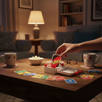 Jogo de cartas UNO e acessórios numa mesa de madeira numa sala de estar acolhedora