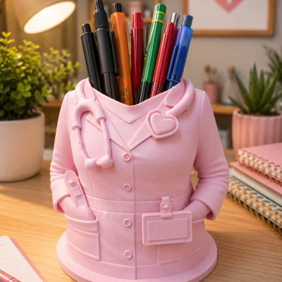 Suporte para canetas rosa em formato de jaleco médico com canetas coloridas