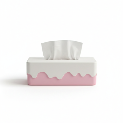 Caixa de lenços com tampa branca ondulada sobre base rosa e lenço branco visível