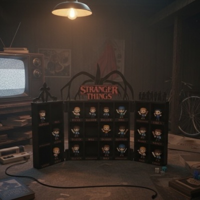 Conjunto de figuras da série STRANGER THINGS num cenário retro.