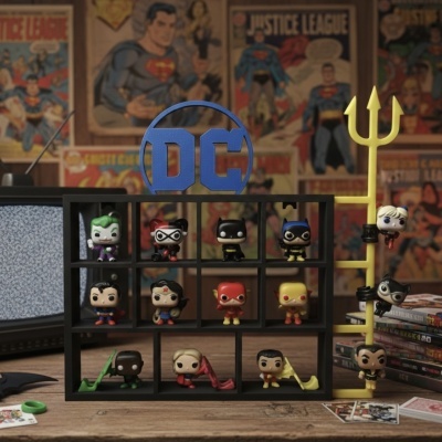 Miniaturas Funko Pop DC Comics expostas num suporte com logótipo DC e tridente amarelo, cenário com revistas Justice League e televisão antiga.