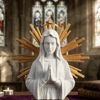 Estátua da Virgem Maria em mármore com halo dourado em igreja