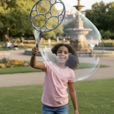Criança a segurar brinquedo plástico cinza para fazer bolhas de sabão em parque