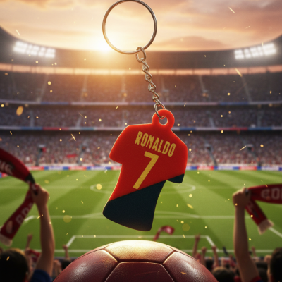 Chaveiro em forma de camisola de futebol RONALDO 7 ao fundo estádio de futebol cheio de gente