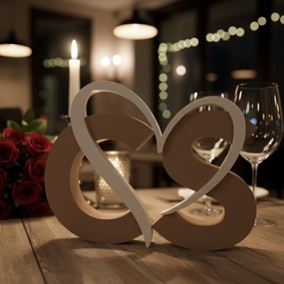 Escultura de letras C e S com um coração branco sobre mesa com vela, rosas e copos