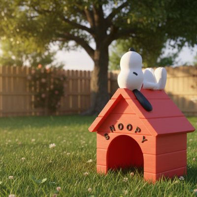 Casota de cachorro vermelha com Snoopy deitado no telhado no jardim