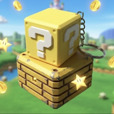 Chaveiro amarelo de cubo com pontos de interrogação e base de tijolos, corrente metálica