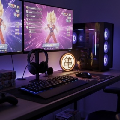 Setup de gaming com dois monitores, teclado iluminado, auscultadores, rato e torre de computador iluminada.