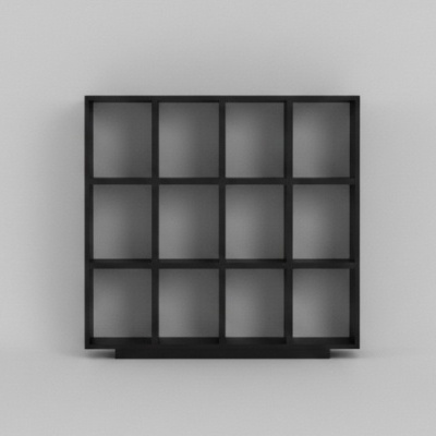 Estante preta quadrada com 16 nichos em ambiente cinzento