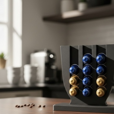 Suporte de cápsulas de café em forma de chávena metálica preta com cápsulas azuis e douradas numa cozinha