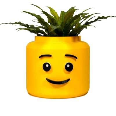 Vaso amarelo com rosto sorridente e plantas verdes