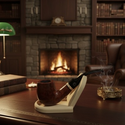 Cachimbo de fumar em suporte de madeira sobre mesa com lareira e livros ao fundo