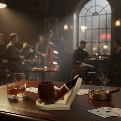 Cachimbo de madeira em suporte creme, copo com bebida, cinzeiro com charuto e cartas numa mesa de madeira