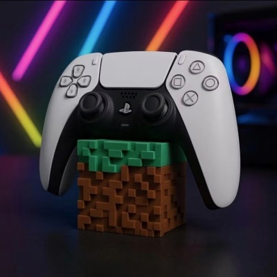 Comando videojogo sobre suporte bloco pixelado com luzes neon no fundo