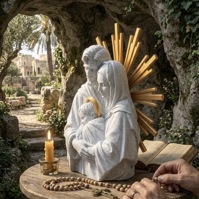 Escultura religiosa de mármore com vela, rosário e livro aberto numa mesa de madeira ao ar livre