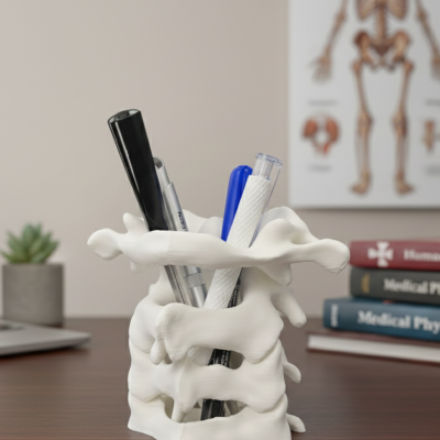 Suporte para canetas em forma de vértebras brancas numa secretária com livros médicos e computador