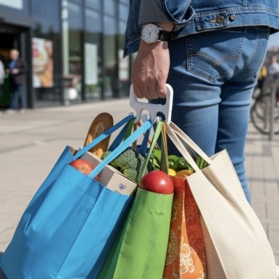 Pessoa com sacolas reutilizáveis cheias de legumes, frutas e pão