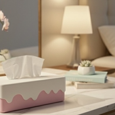 Caixa de lenços de papel branco e rosa numa mesa branca com cama, abajur e plantas ao fundo.