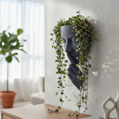 Vaso de rosto cinza escuro com planta pendente de folhas verdes em parede branca ao lado de móvel de madeira clara