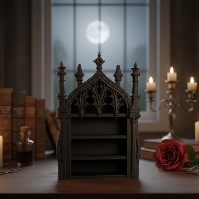 Estante gótica preta decorativa em mesa de madeira com velas e livros antigos