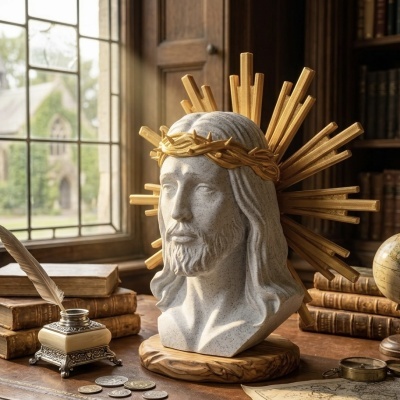 Busto em pedra de Jesus Cristo com coroa dourada, rodeado por objetos antigos numa mesa de madeira