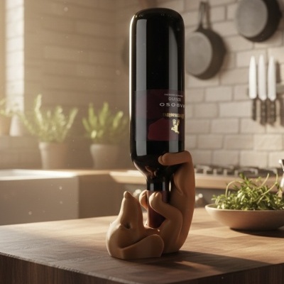 Porta-garrafa mão amarela com garrafa de vinho tinto em cozinha moderna