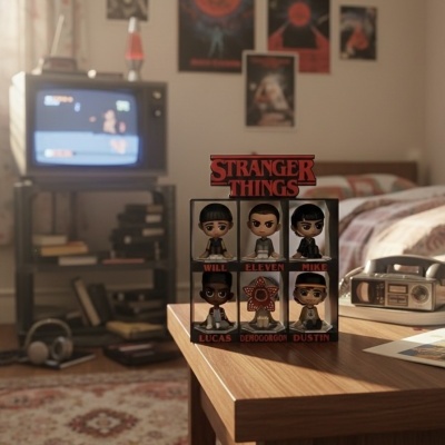 Figuras colecionáveis Stranger Things sobre mesa de madeira num quarto com televisão e rádio antigos no fundo