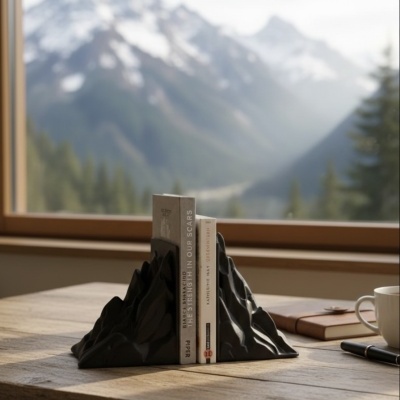 Suporte de livros forma montanha com livros e vista montanhosa