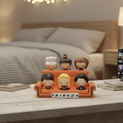 Figuras de coleção de personagens FRIENDS em sofá laranja sobre mesa em quarto