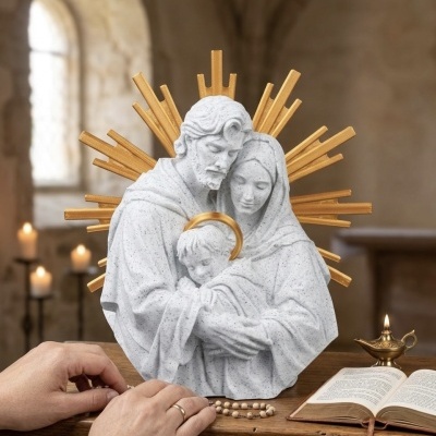 Estátua da Sagrada Família cinzenta com auréolas douradas sobre mesa com rosário, livro aberto e lâmpada dourada acesa