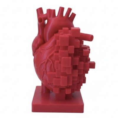 Modelo artístico de coração humano vermelho com elementos cúbicos em base quadrada