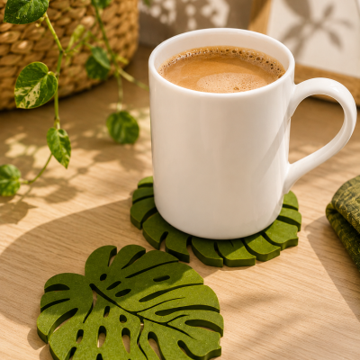 Dois descansos para chá verdes em forma de folhas, com uma chávena branca de café sobre um deles, sobre uma mesa de madeira clara.