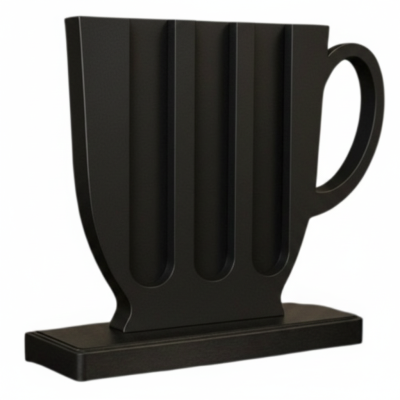 Escultura decorativa preta em forma de caneca com pega em base retangular