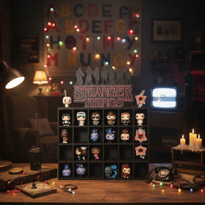 Expositor preto com figuras colecionáveis da série Stranger Things em mesa com decoração de luzes e velas