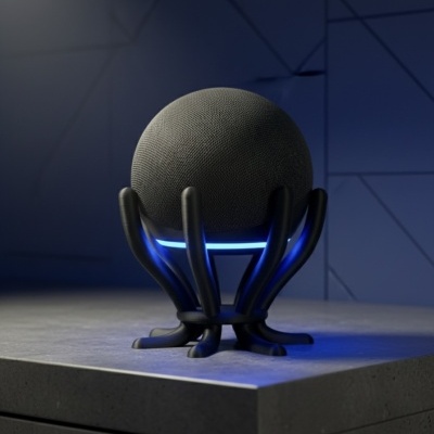 Coluna inteligente esférica preta com suporte tentáculos e luz azul