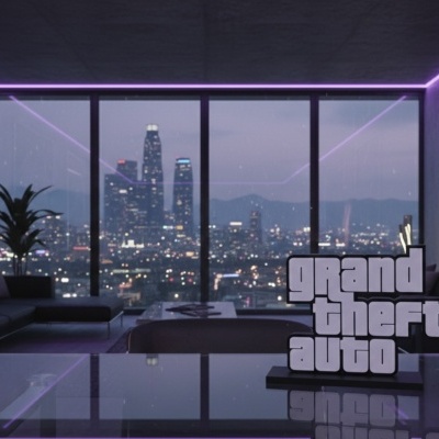 Sala moderna com decoração de carros e luzes LED roxas