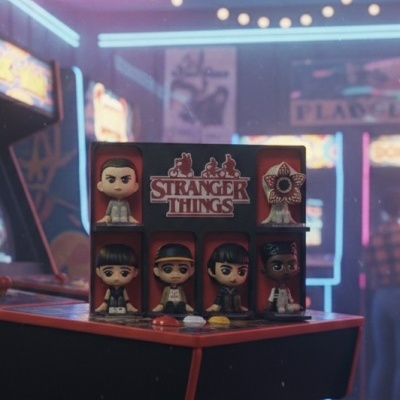 Figuras colecionáveis de Stranger Things sobre arcade num ambiente com luzes neon