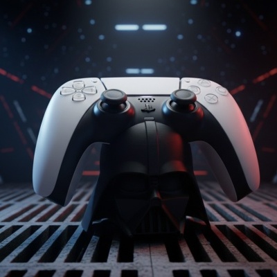Comando PlayStation 5 branco sobre suporte capacete Darth Vader