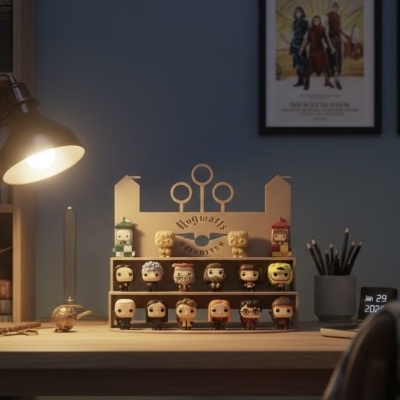 Figuras colecionáveis Funko Pop Harry Potter em expositor de madeira, mesa com candeeiro, lápis, calendário digital e cadeira xadrez