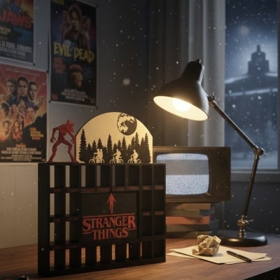 Caixa organizadora Stranger Things com estatueta e design em madeira numa mesa de madeira com candeeiro e televisão antiga