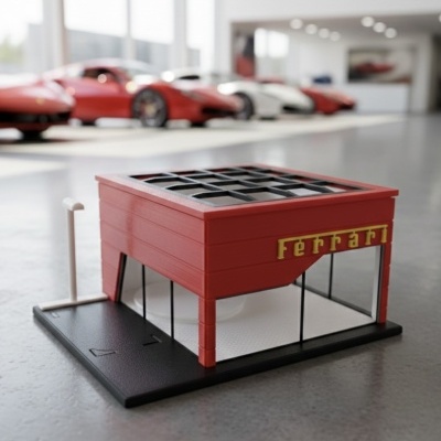 Maqueta vermelha de edifício Ferrari com base preta e janelas de vidro
