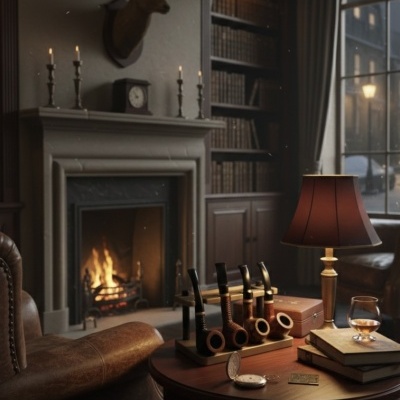 Mesa de madeira redonda com cachimbos, livros, relógio de bolso, lâmpada e copo de bebida