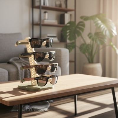 Suporte de madeira com quatro óculos de sol na mesa de madeira numa sala de estar