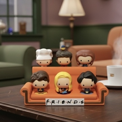 Bonecos de personagens Friends numa miniatura de sofá laranja sobre mesa com chávena fumegante ao fundo