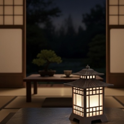Lanterna japonesa decorativa iluminada numa mesa escura com fundo de sala japonesa